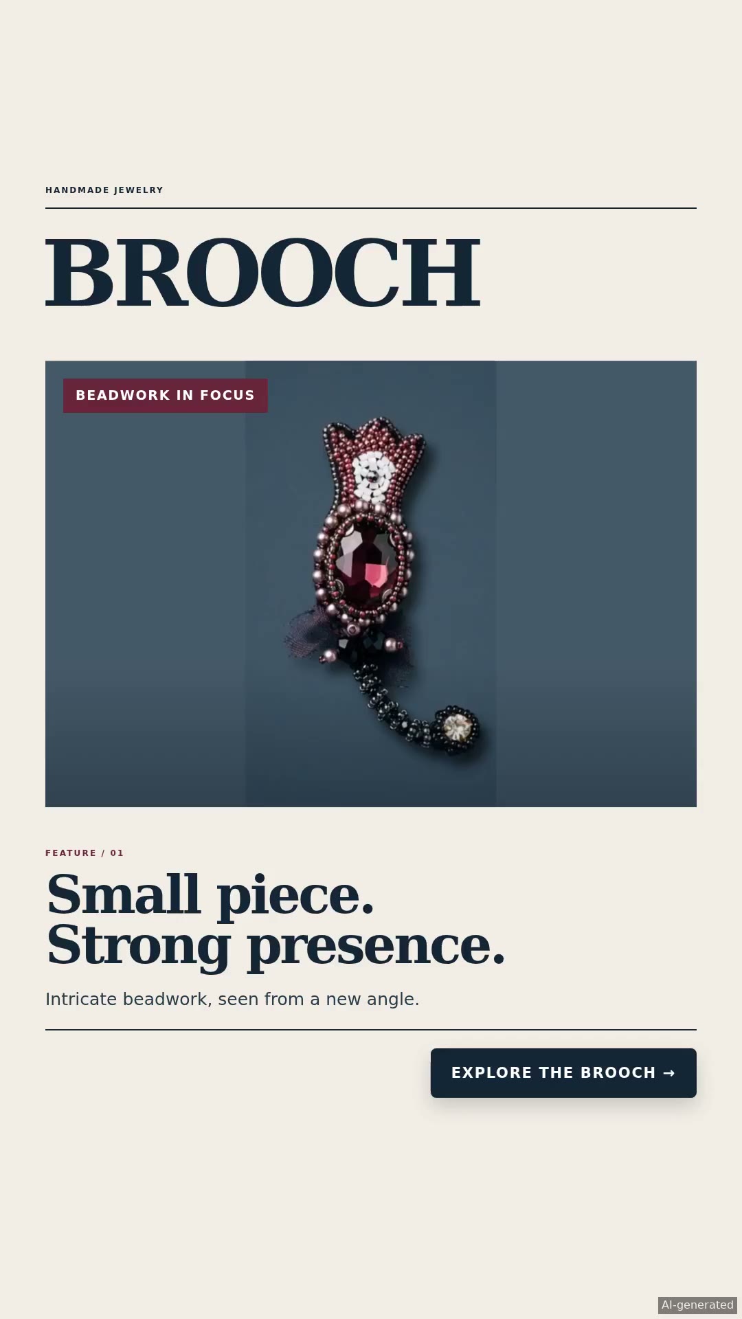 Finished vertical ad for a handmade brooch with headline and product imagery