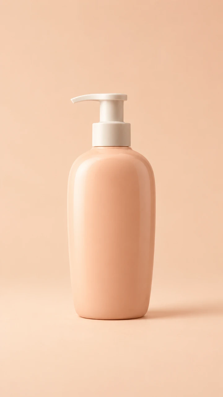 Pfirsichfarbene Shampooflasche mit weißer Pumpe