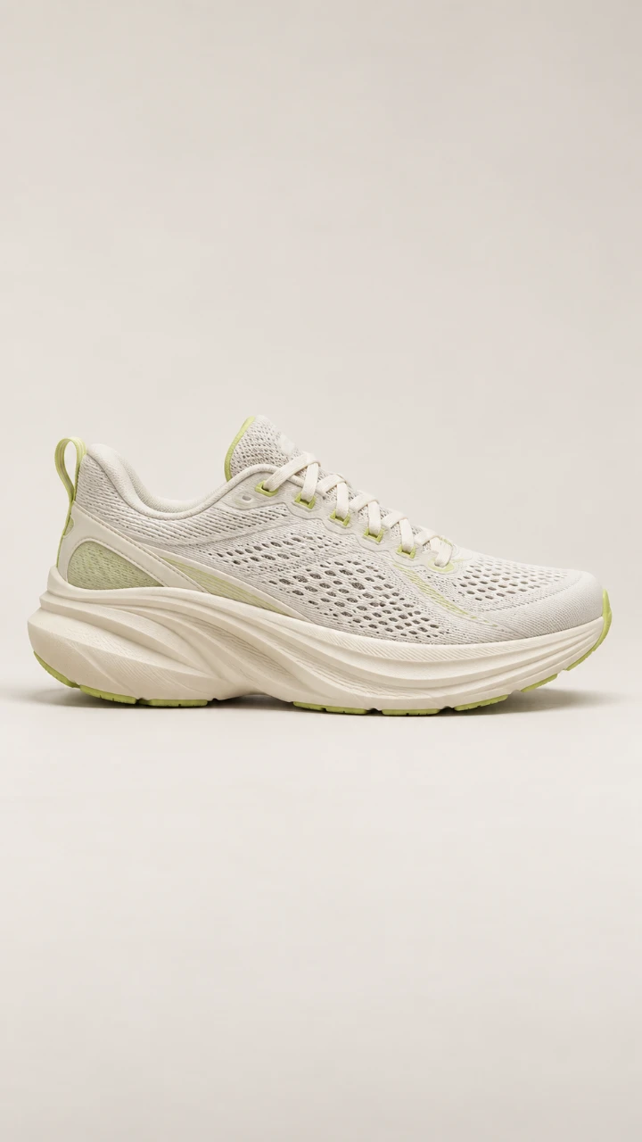 Elfenbeinfarbener Laufschuh mit limettengrünen Details